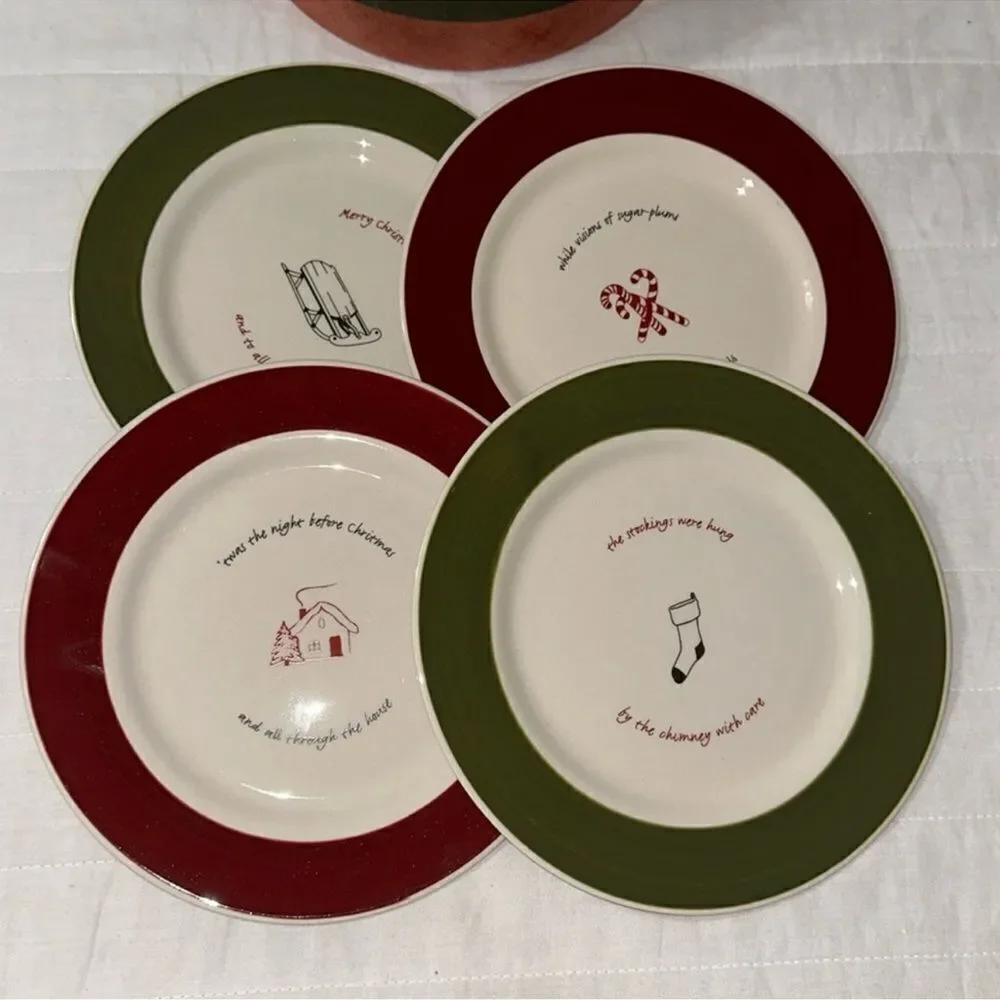 Eddie Bauer Set of 4 White Green Burgundy Holiday Plates in a Vintage Gift Box